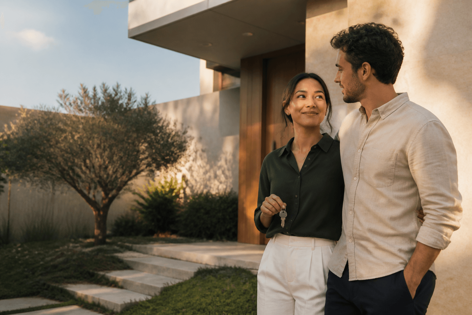 A smiling couple standing together outside their home